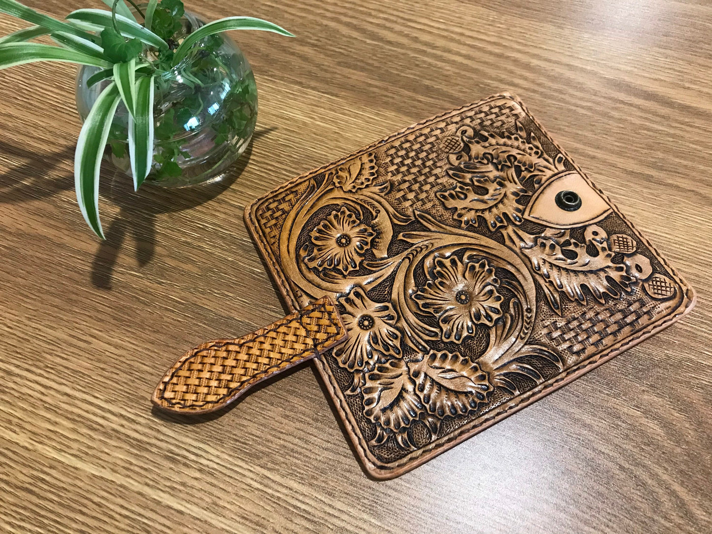 Hand tooled phone wallet - Sheridan flowers and leaves