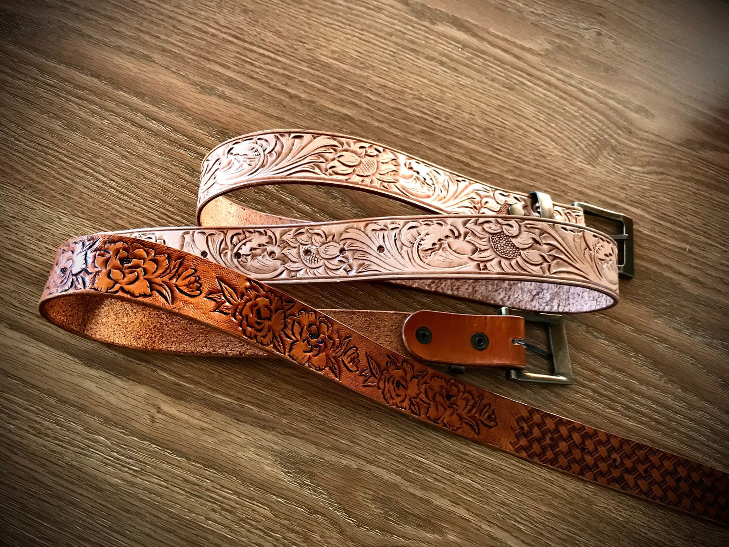 Natural Hand tooled leather belt