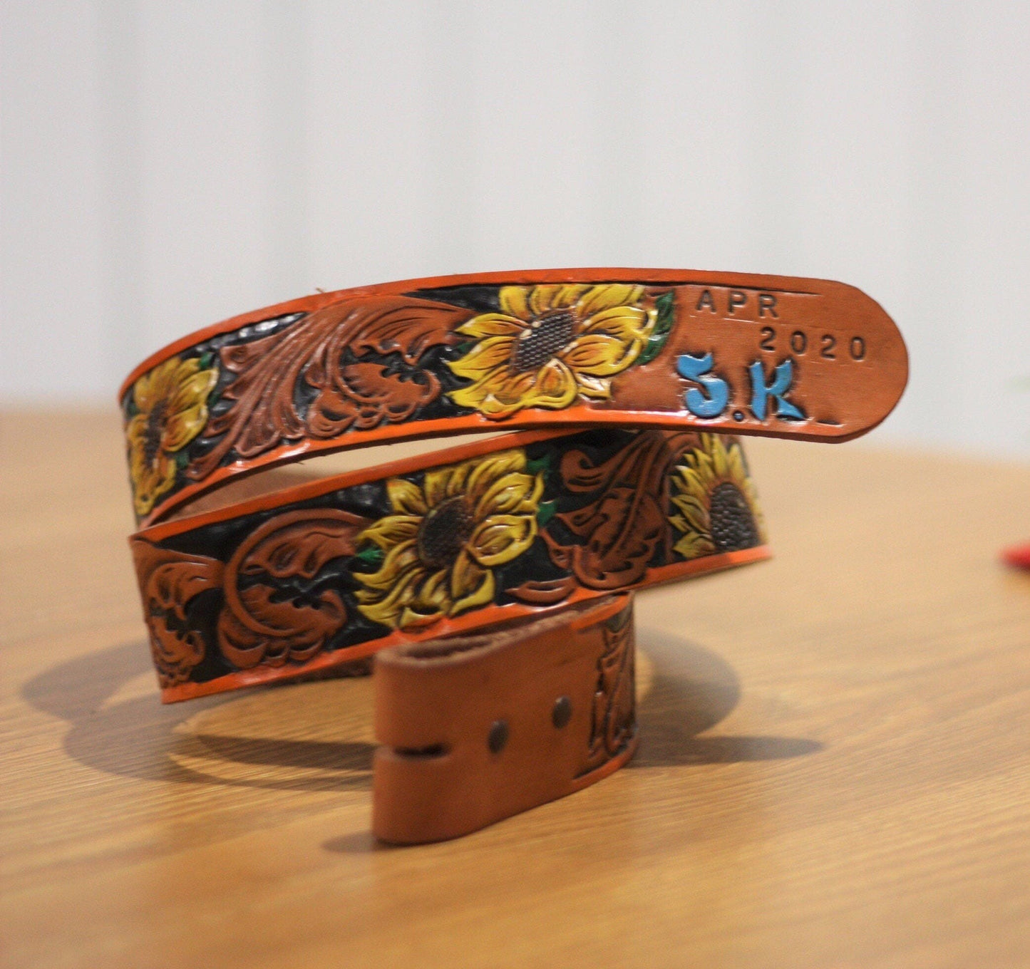 Hand tooled leather belt by The Sho Room - Hand painted sunflower