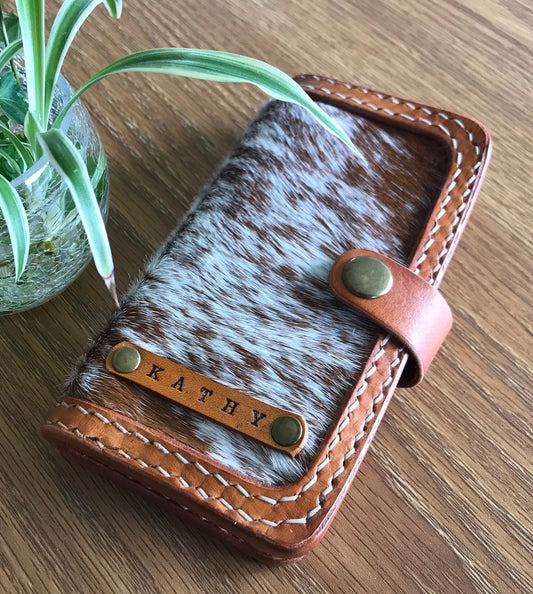 Double stitched cow hide universal phone wallet