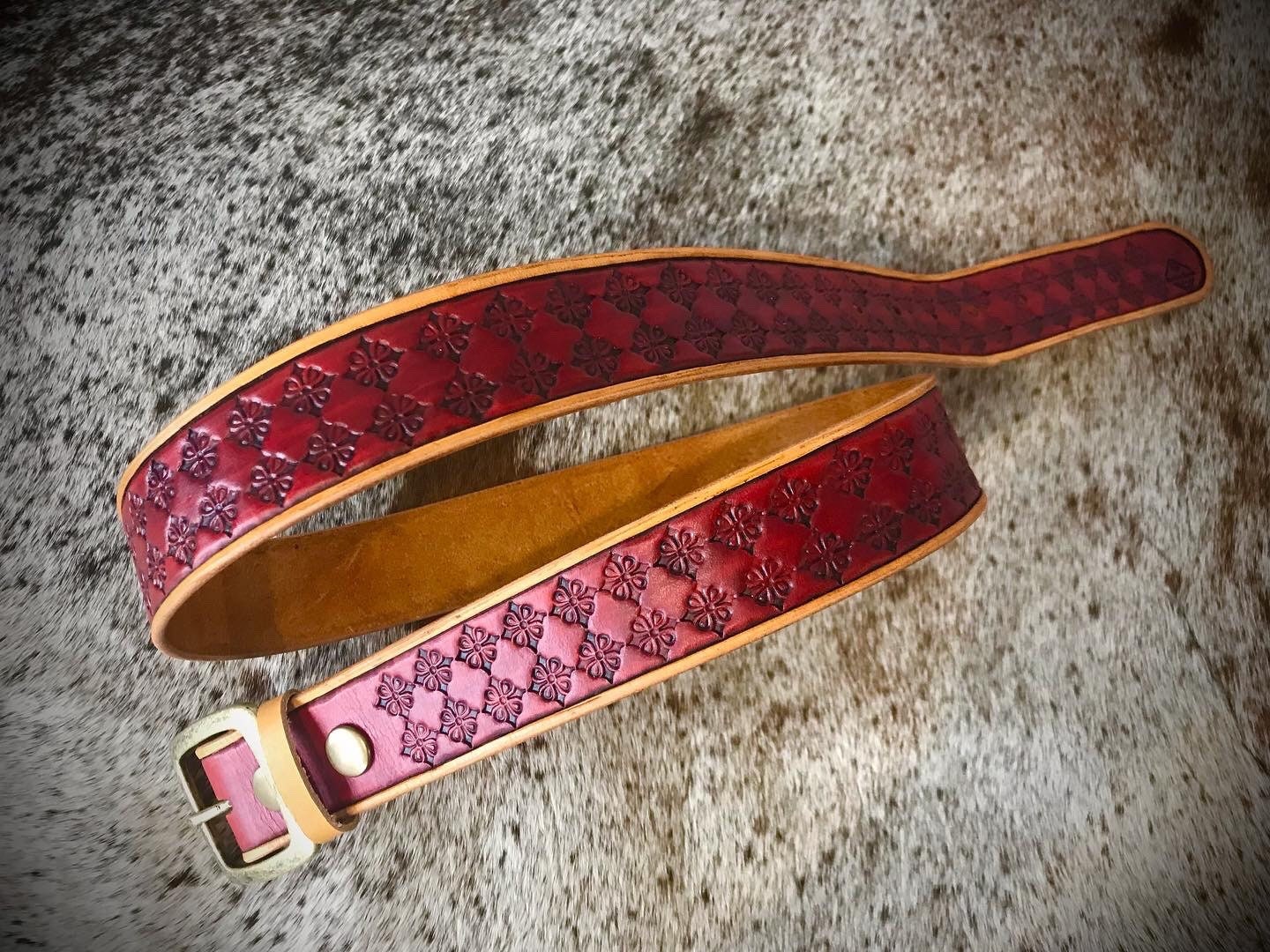 Hand tooled double diamond leather belt