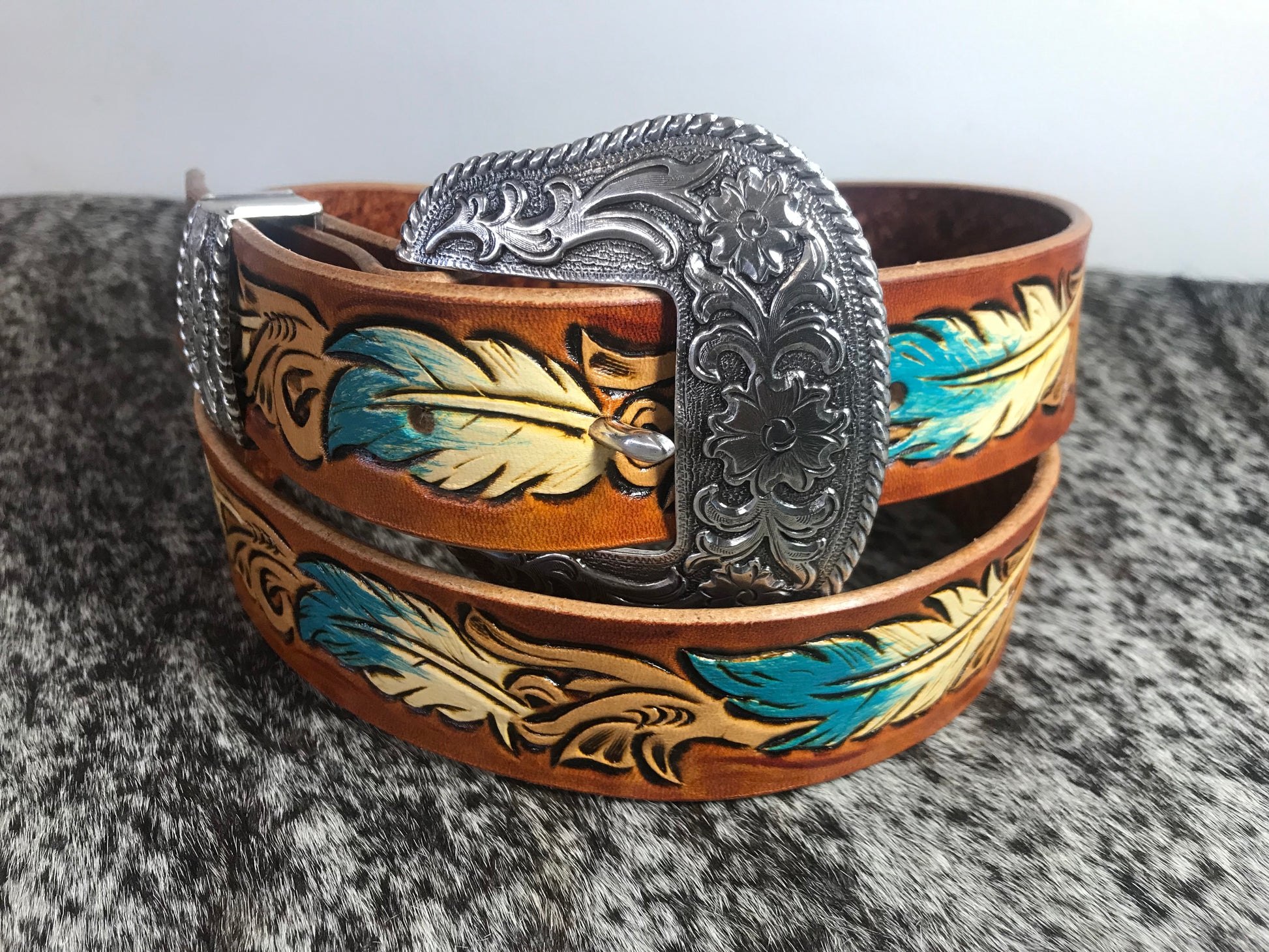 Hand painted leather belt - Feathers – Theshoroom